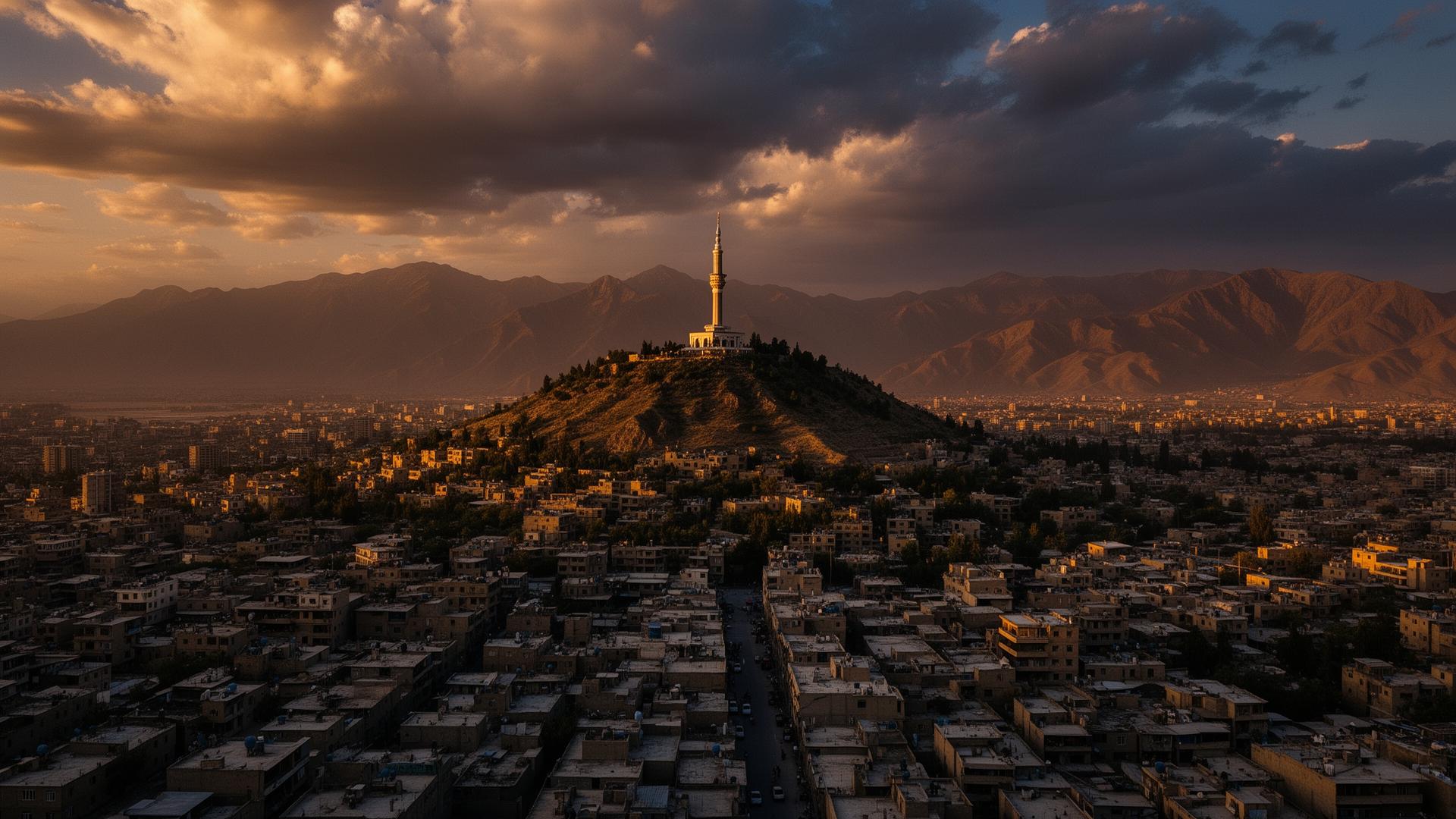 Kabul, Afghanistan skyline at golden hour with TV Hill and surrounding mountains